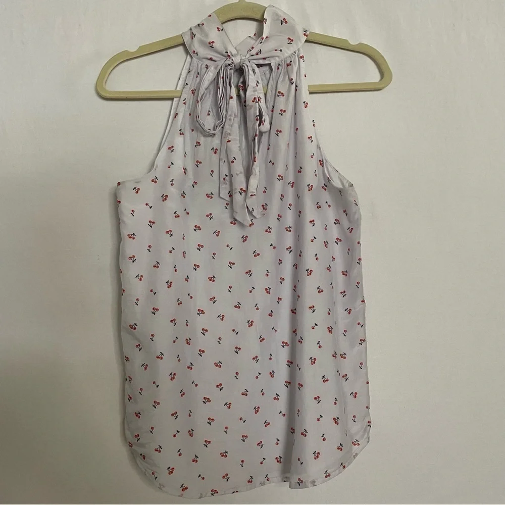 J. Crew Silk Blend Cherry Print Sleeveless HighTie Neck Halter Blouse Top